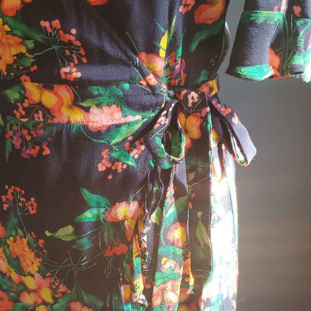 Zara Black Floral Wrap  Dress with Pink, Orange & Green Accents - Picture 6 of 13